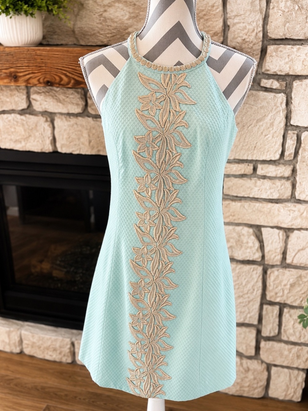 Lilly Pulitzer Halter Pearl Shift Dress Mini Light Aqua Blue and Gold